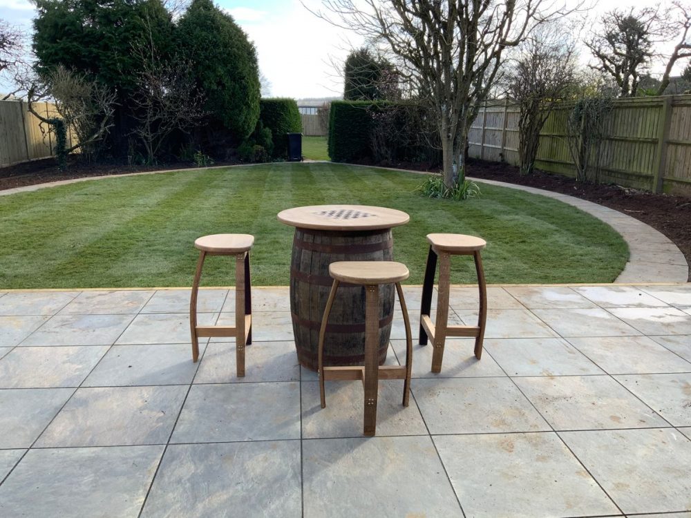 
                      
                        Round Oak Whisky Barrel Table with Handmade Barrel Stools
                      
                    