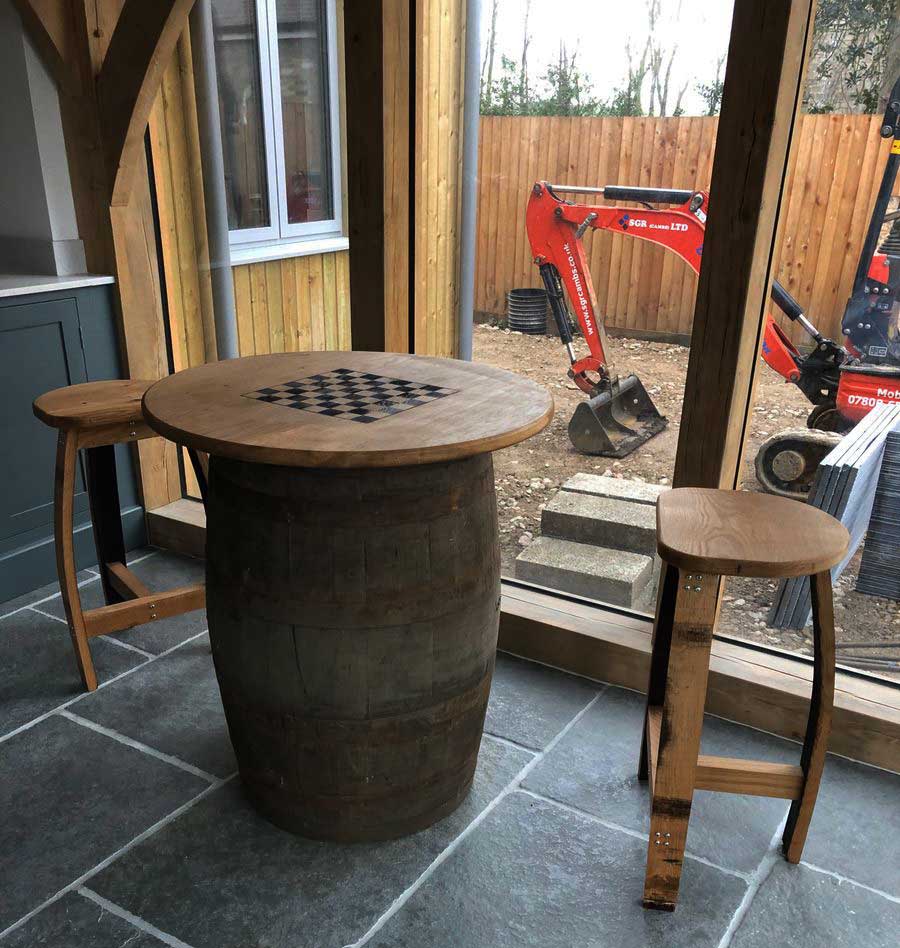 Round Oak Whisky Barrel Table with Handmade Barrel Stools