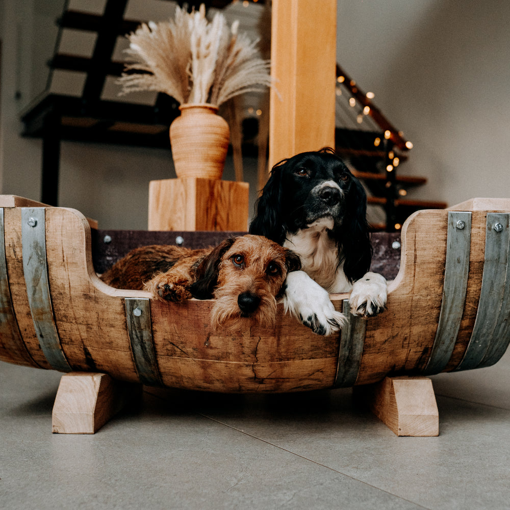 Wine Barrel Dog Bed - Oak Staves with Steel Bands