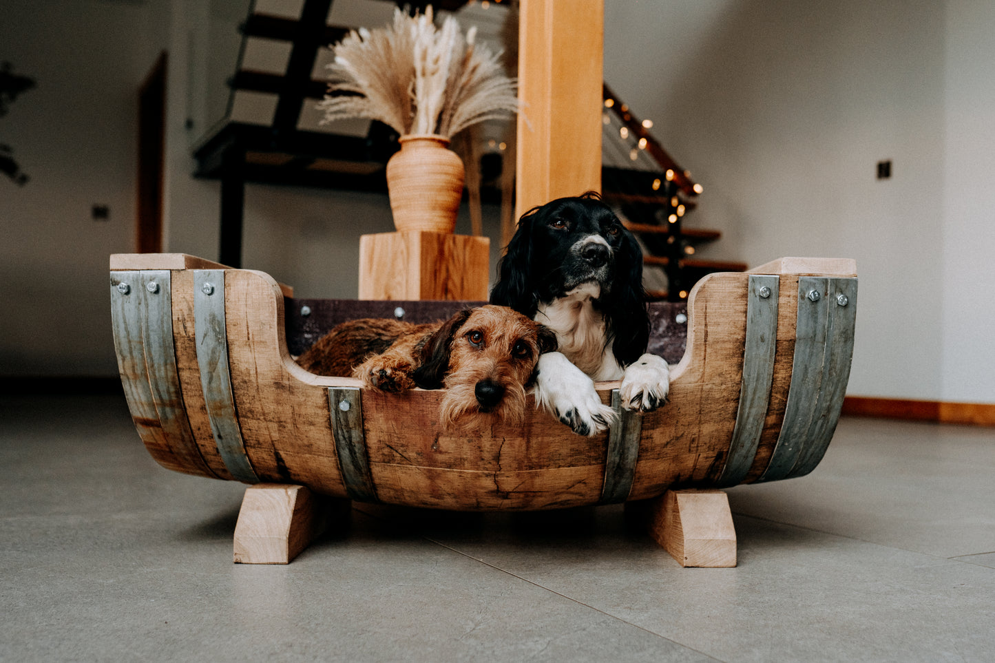 Wine Barrel Dog Bed - Oak Staves with Steel Bands