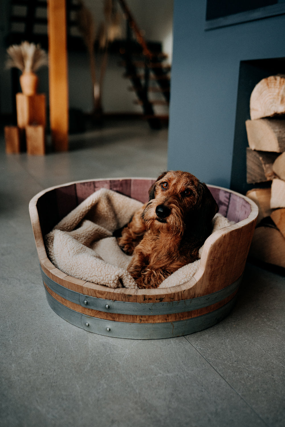 Wine Barrel Dog Bed - Oak Staves with Steel Bands