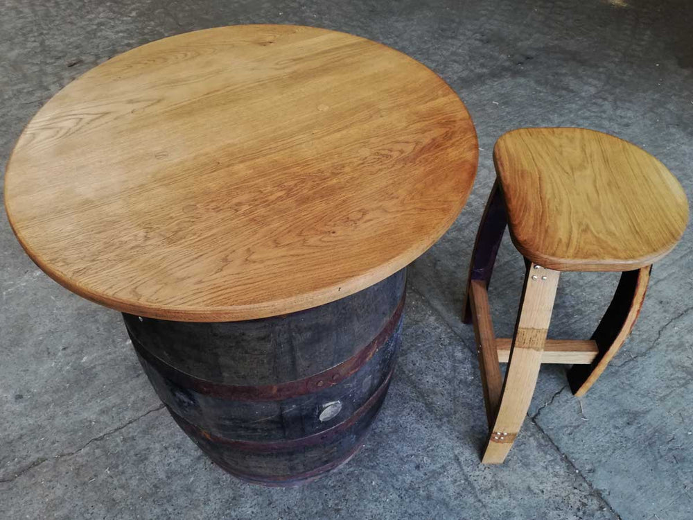 
                      
                        Round Oak Whisky Barrel Table with Handmade Barrel Stools
                      
                    