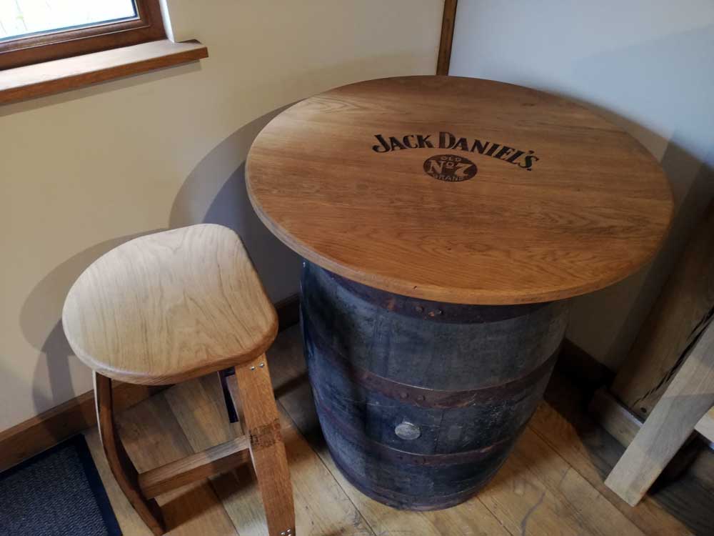 
                      
                        Round Oak Whisky Barrel Table with Handmade Barrel Stools
                      
                    