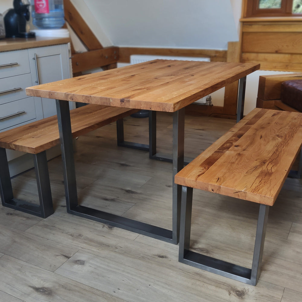 Solid Oak Dining Table with Steel Legs and Benches