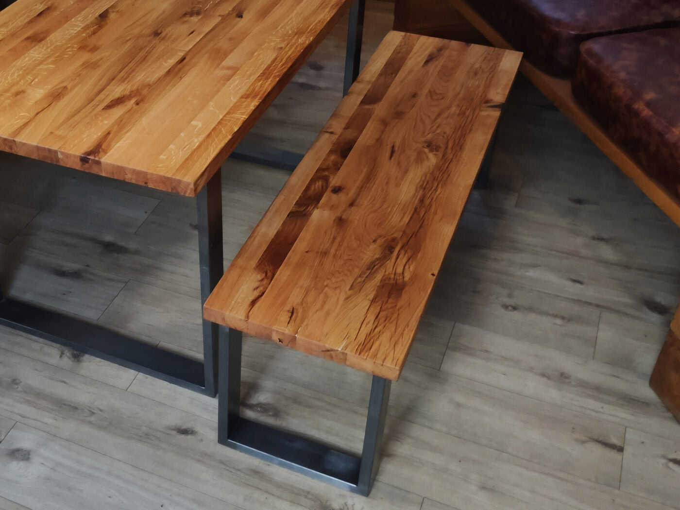 Solid Oak Benches with Industrial Steel Legs