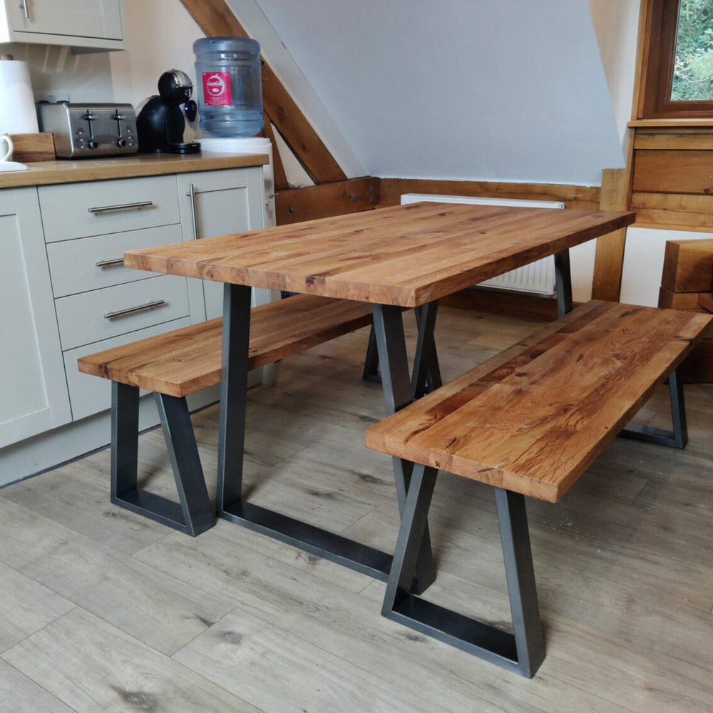 Solid Oak Dining Table with Steel Legs and Benches