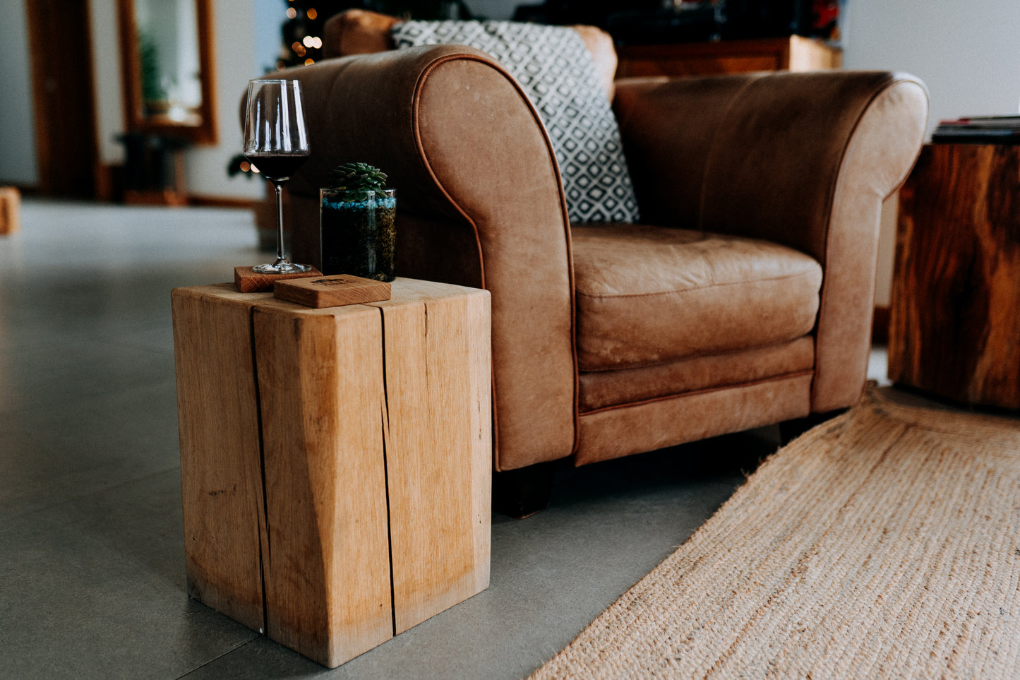 Solid Oak Beam Drinks Table / Lamp Stand