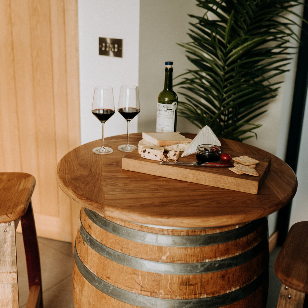 
                      
                        Round Wine Barrel Table with Handmade Barrel Stools
                      
                    