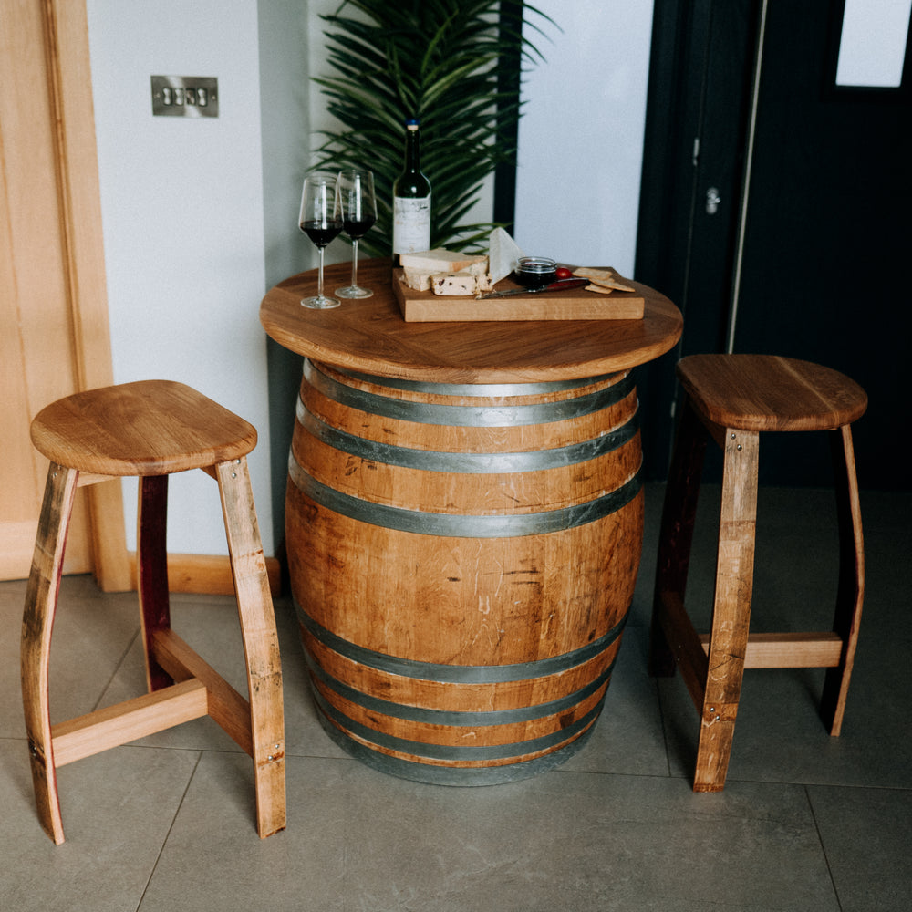 
                      
                        Round Wine Barrel Table with Handmade Barrel Stools
                      
                    