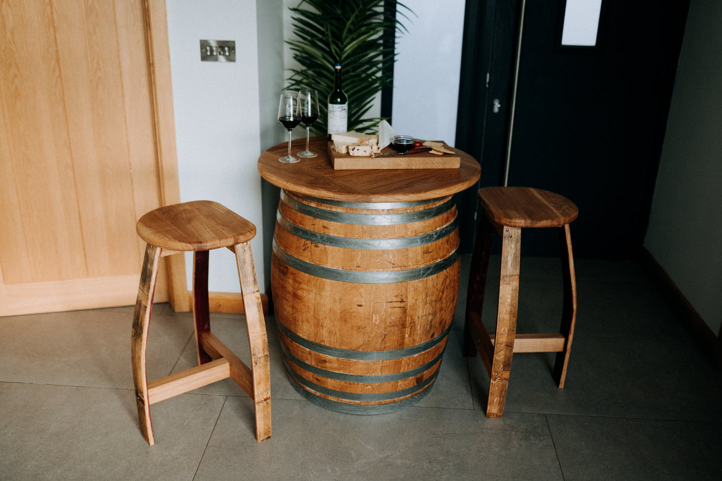 Round Wine Barrel Table with Handmade Barrel Stools